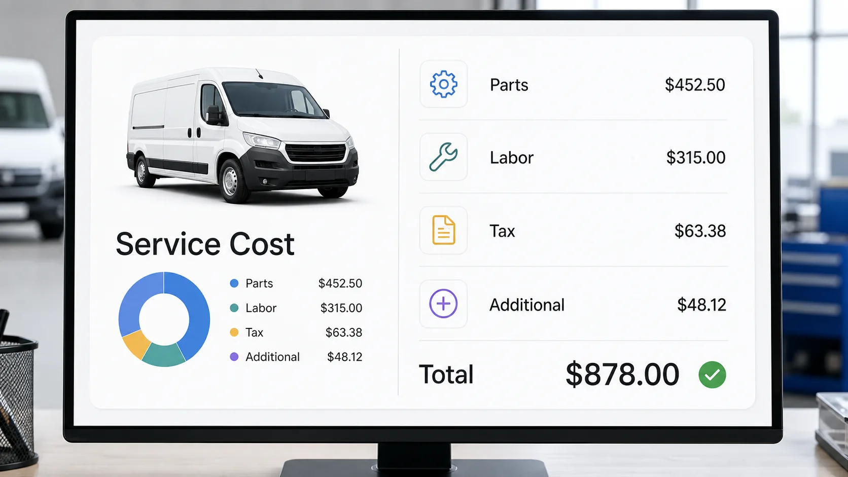Itemized vehicle service costs for parts, labor, tax, additional expenses, and total