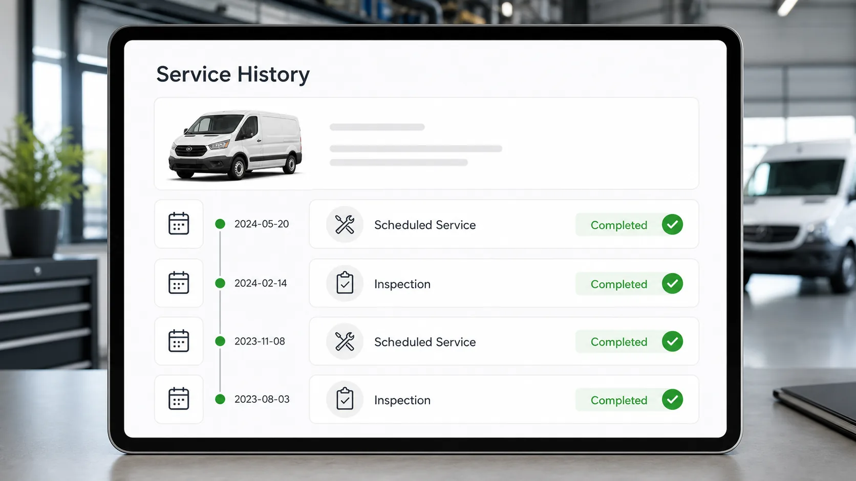 Chronological vehicle service history with completed maintenance and inspection records