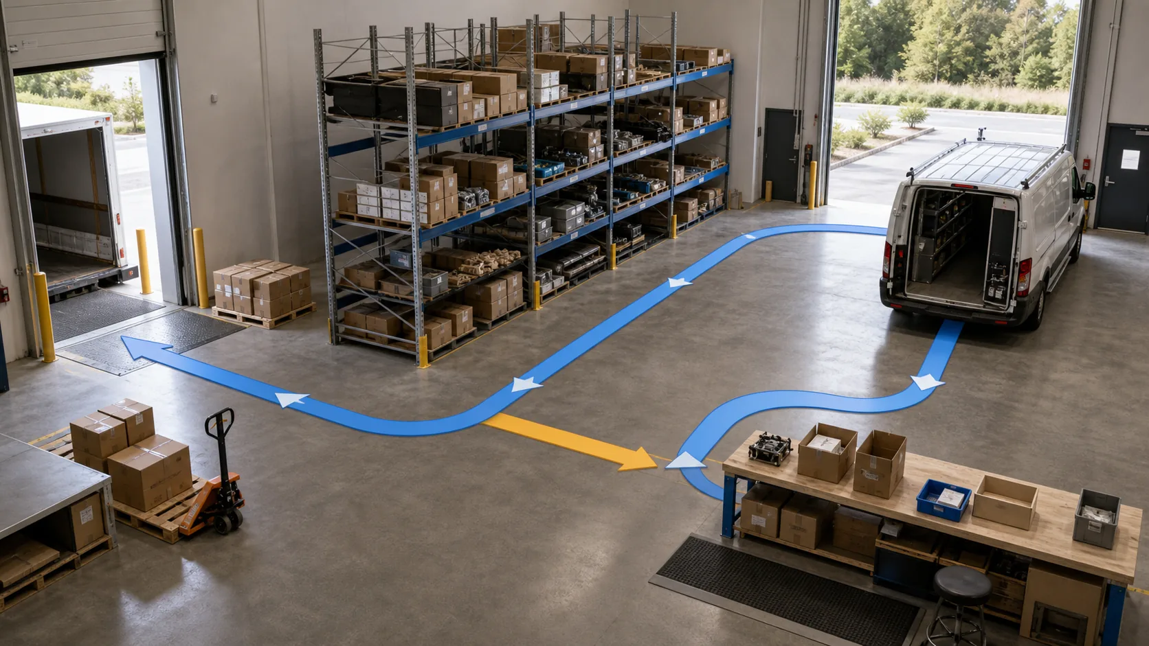 Inventory moving between receiving, warehouse storage and dispatch locations
