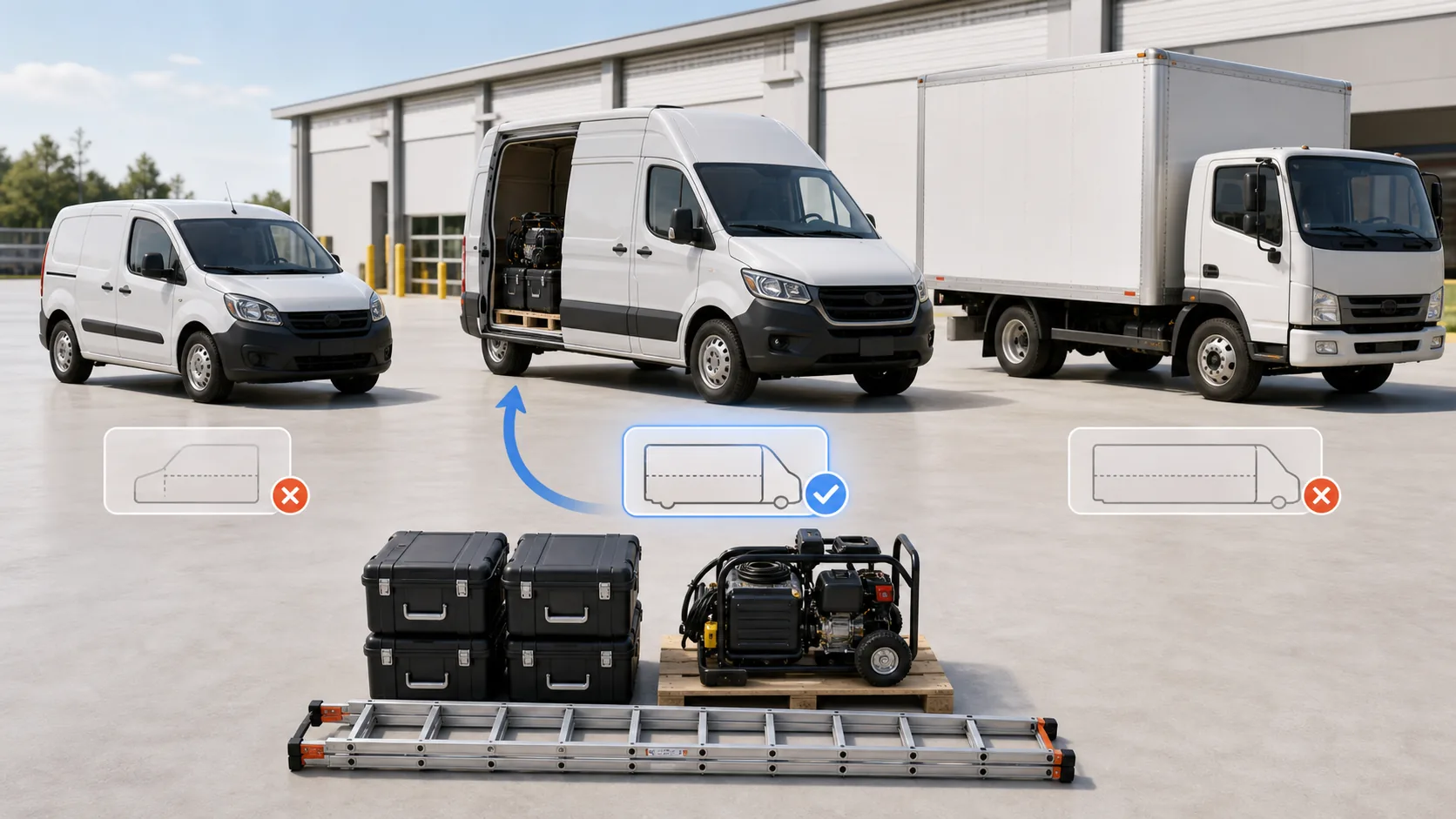 Job equipment matched to a cargo van with the correct carrying capacity