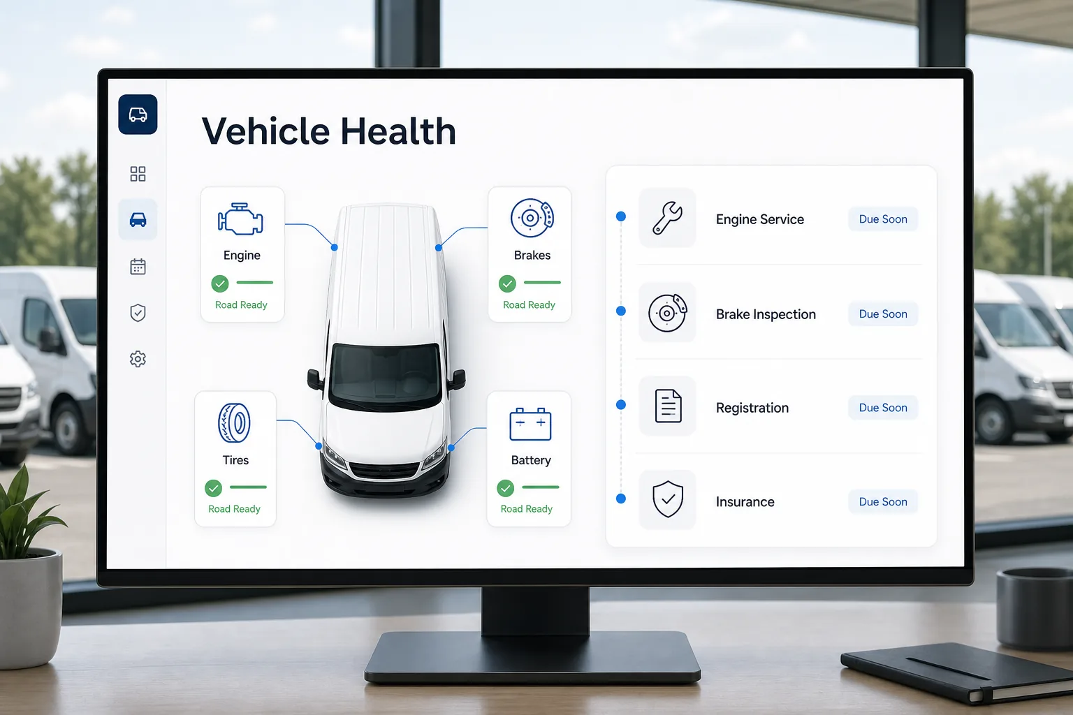 Vehicle health overview showing engine, brakes, tires, battery, upcoming service, registration, and insurance needs