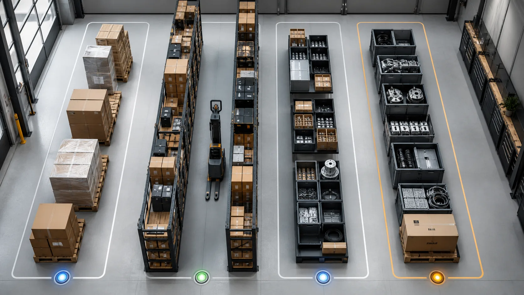 Organized warehouse lanes supporting fast barcode inventory workflows