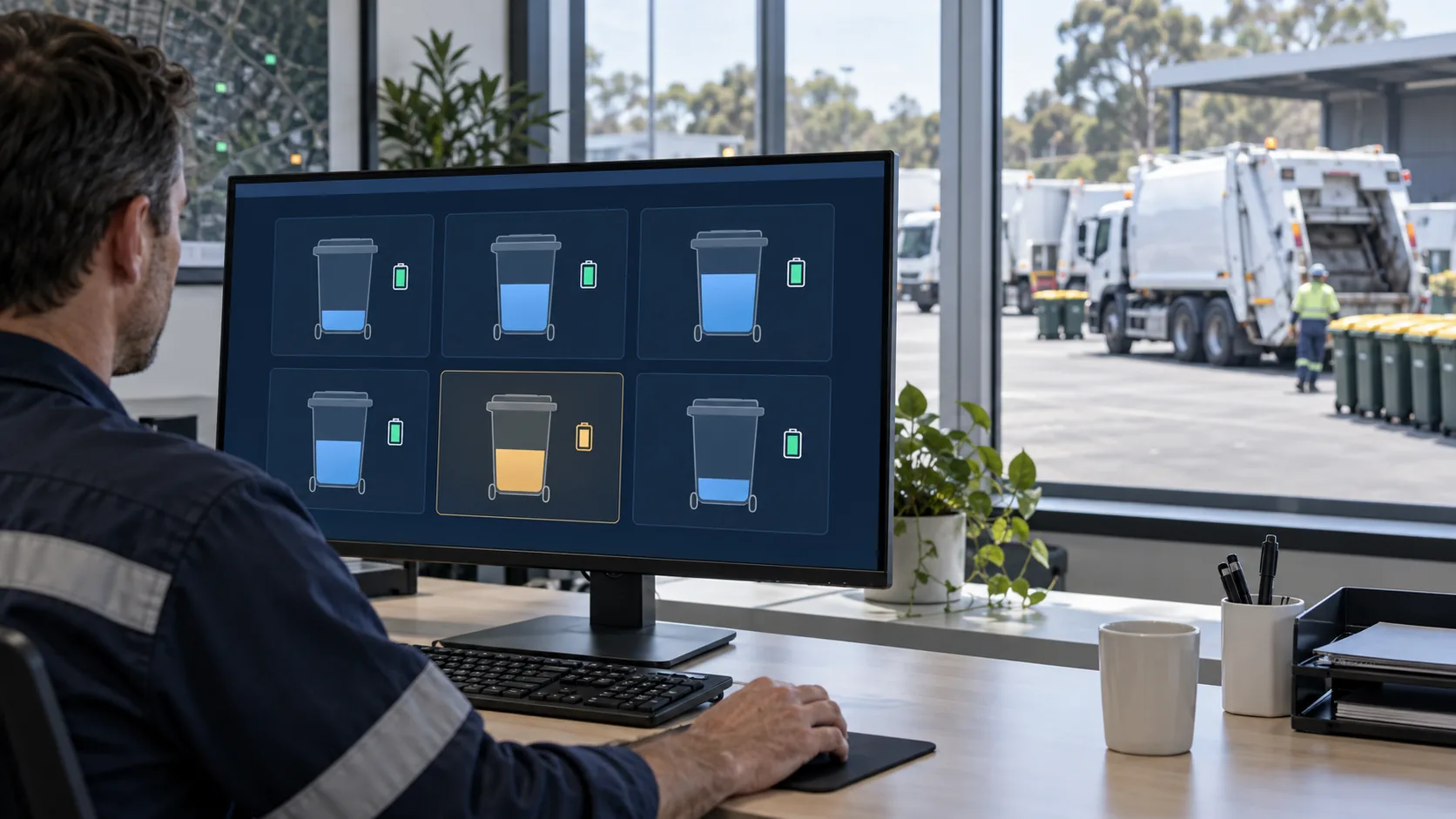 Control-room monitor showing graphical bin conditions, alerts and sensor health at a waste collection depot