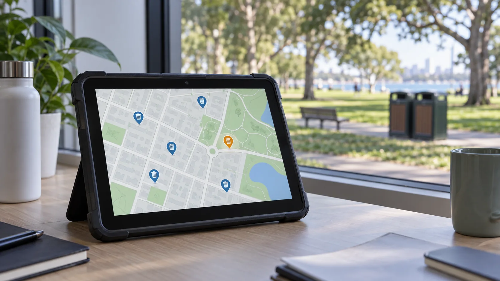 Tablet displaying monitored bin locations across a neighborhood street map