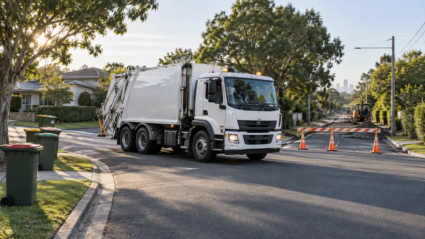 Waste collection truck encountering a residential road closure marked by cones and a barrier
