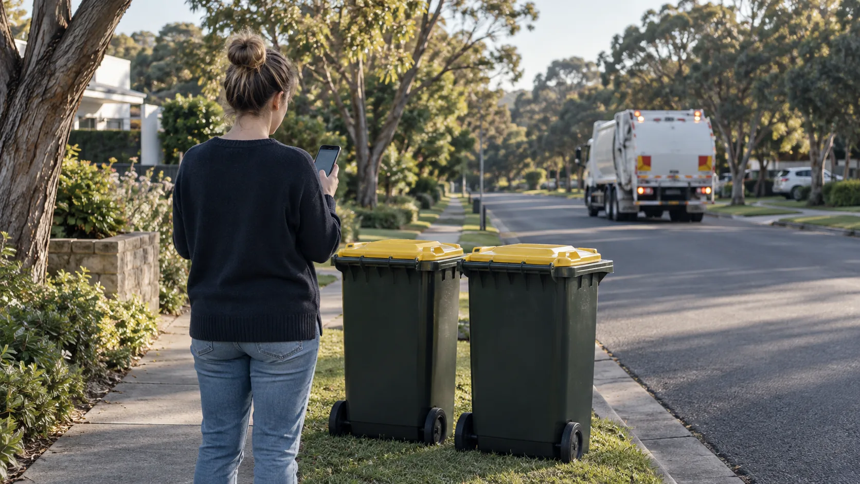 Resident reporting a missed collection beside two curbside bins as a refuse truck drives away