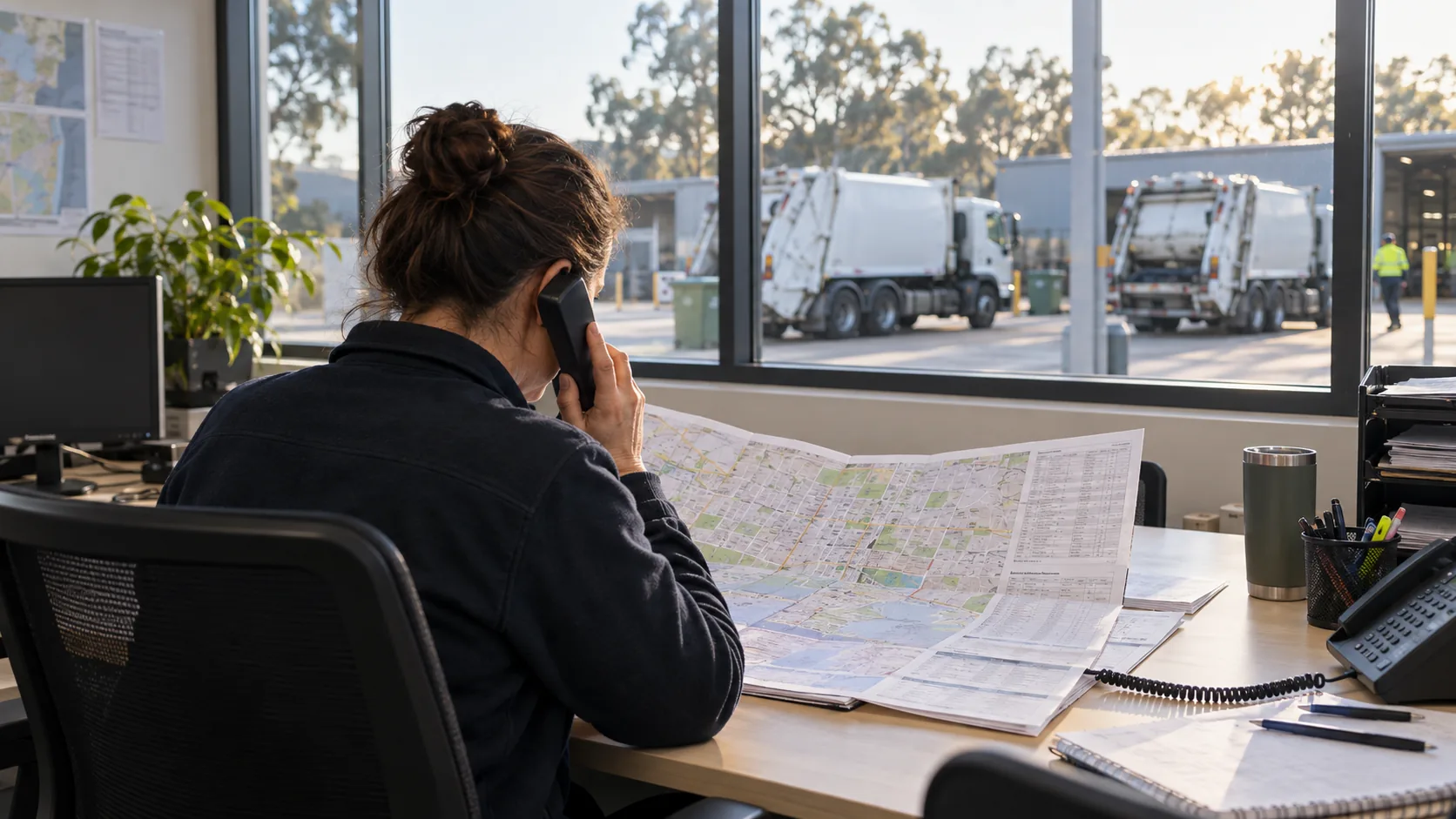 Dispatcher calling a driver while checking paper collection maps, with refuse trucks outside the office