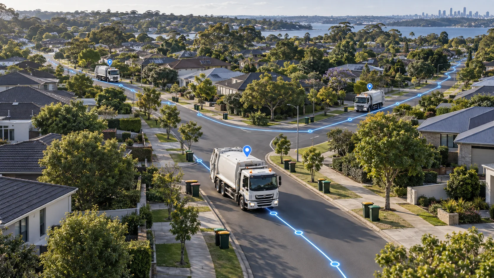 Three waste collection trucks on neighborhood streets with blue route paths, collection stops, and live location markers