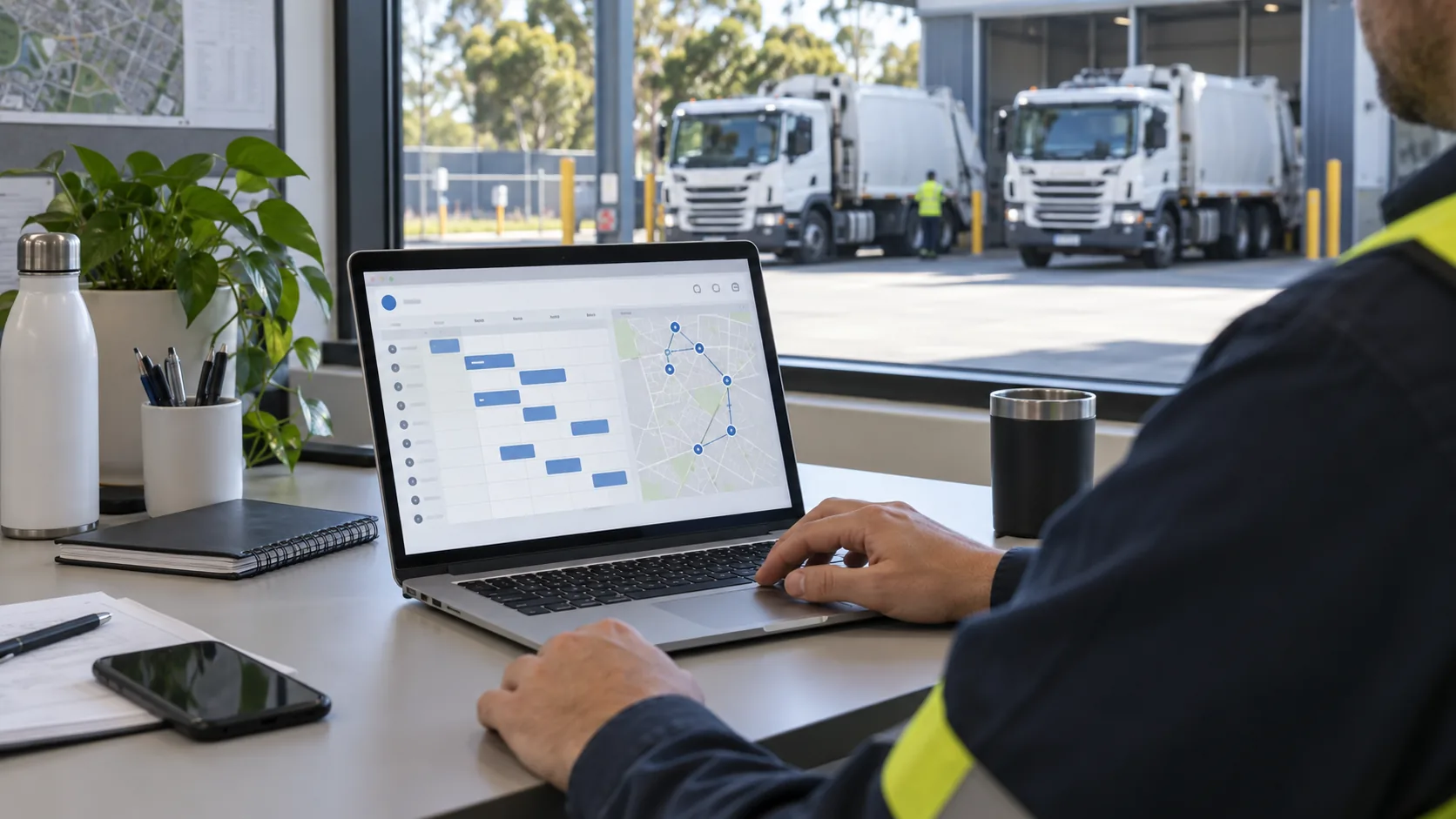 Waste operations coordinator assigning collection work on a laptop schedule at a vehicle depot