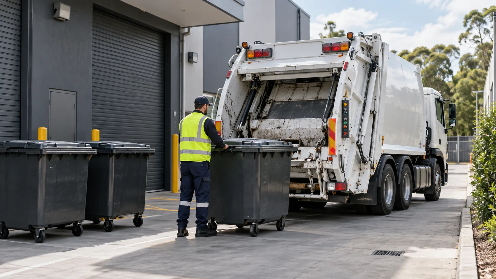 Commercial waste collection truck servicing large bins in a retail loading area