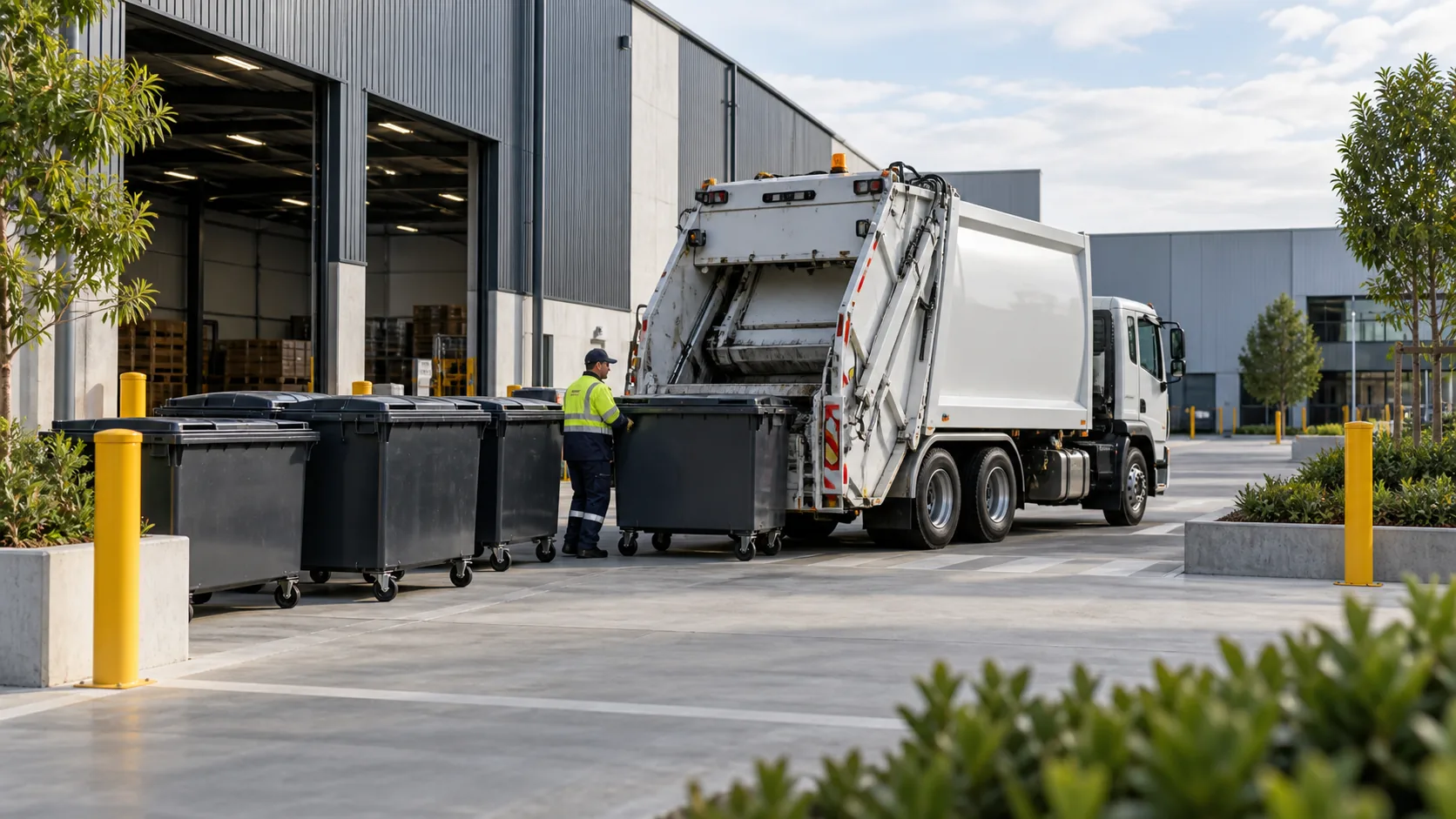 Organized waste collection bay with bins and a collection truck at an industrial campus
