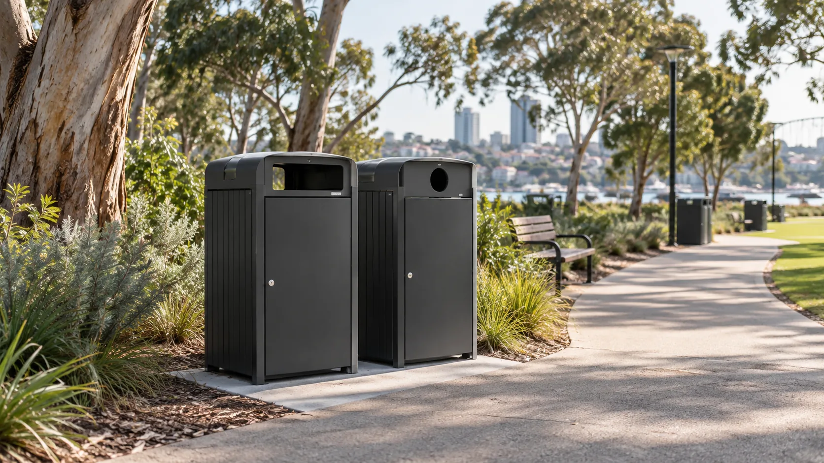 Public waste and recycling bins positioned along a tree-lined park walkway