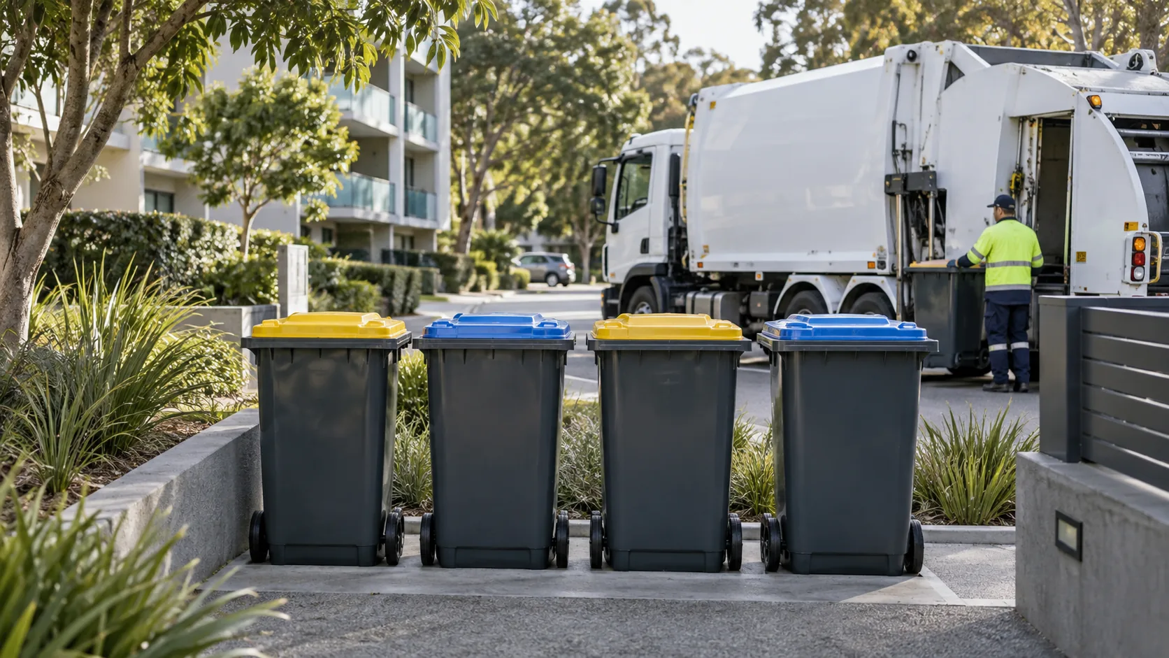 Recycling collection point with color-coded bins and a collection vehicle nearby