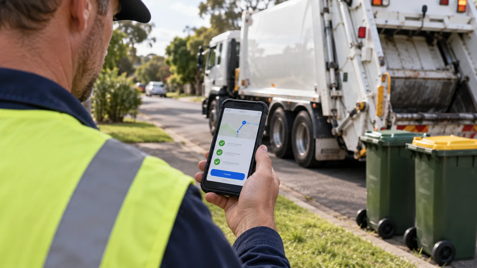 Collection worker checking a job completion update on a rugged smartphone beside a refuse truck