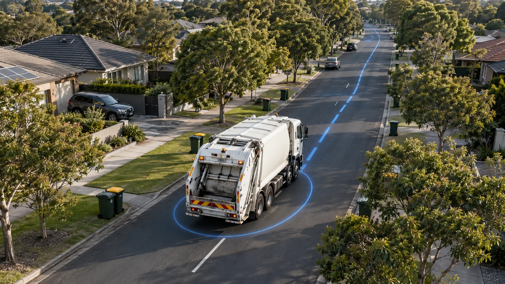 White refuse collection truck traveling along a residential street with a subtle blue live-location marker